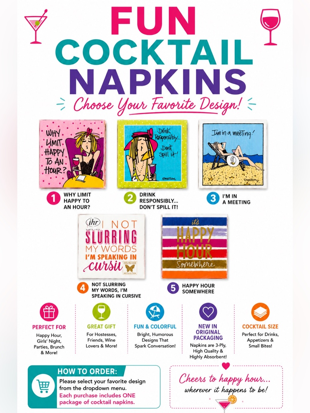 Fun Cocktail Napkins - Assorted Designs